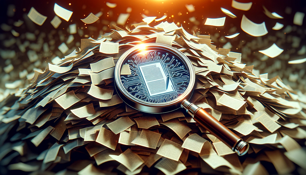 A creative depiction of a magnifying glass highlighting a document within a mound of papers, with sheets flying around, evoking themes of research, analysis, and the quest for knowledge.